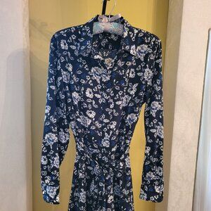 Ralph Lauren Navy Blue Floral Print Long-Sleeves Shirt Dress